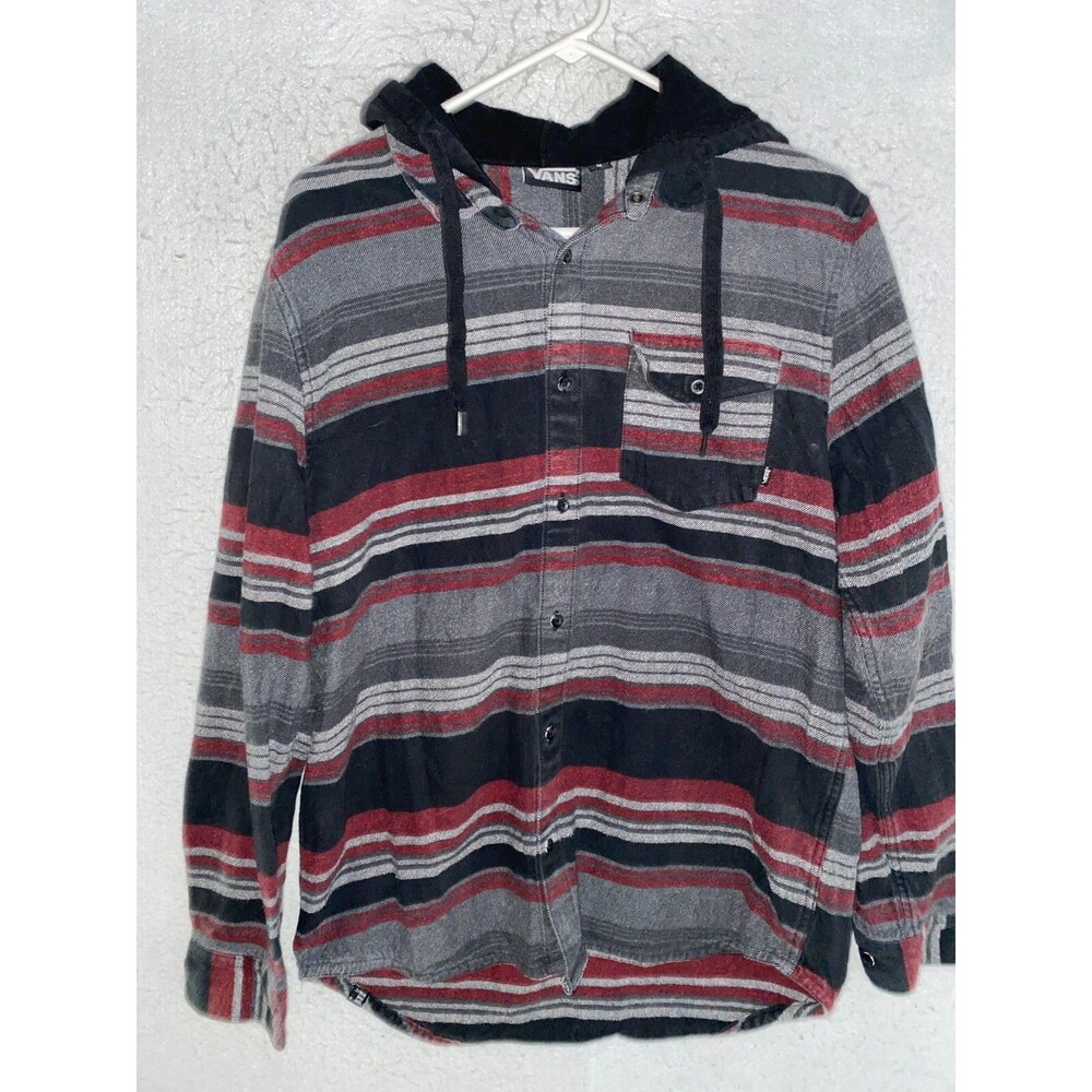 Vans Men's Camping Rug Hooded Button Front Shirt Black Striped Sz M Long Sleeve